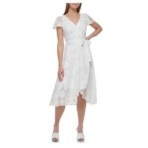 DKNY Women's 4 White Chiffon Wrap Midi Dress Flutter Sleeve Party Wedding F12-11